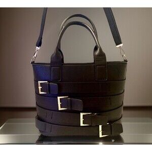 Bold Black Belted Tote Edgy Modern Crossbody Goth Convertible Satchel